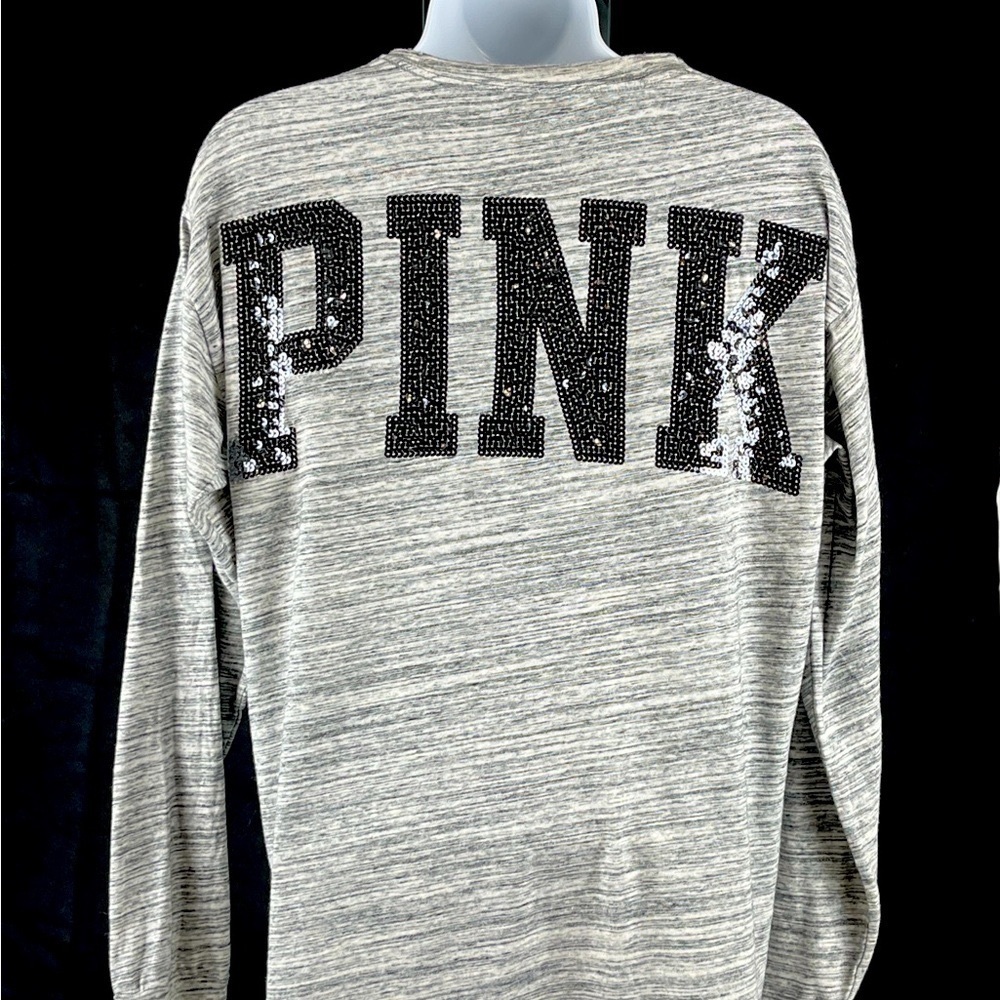 Rare PINK Victoria's Secret VS Bling Sequin Heathered Gray Black LS T-Shirt XS